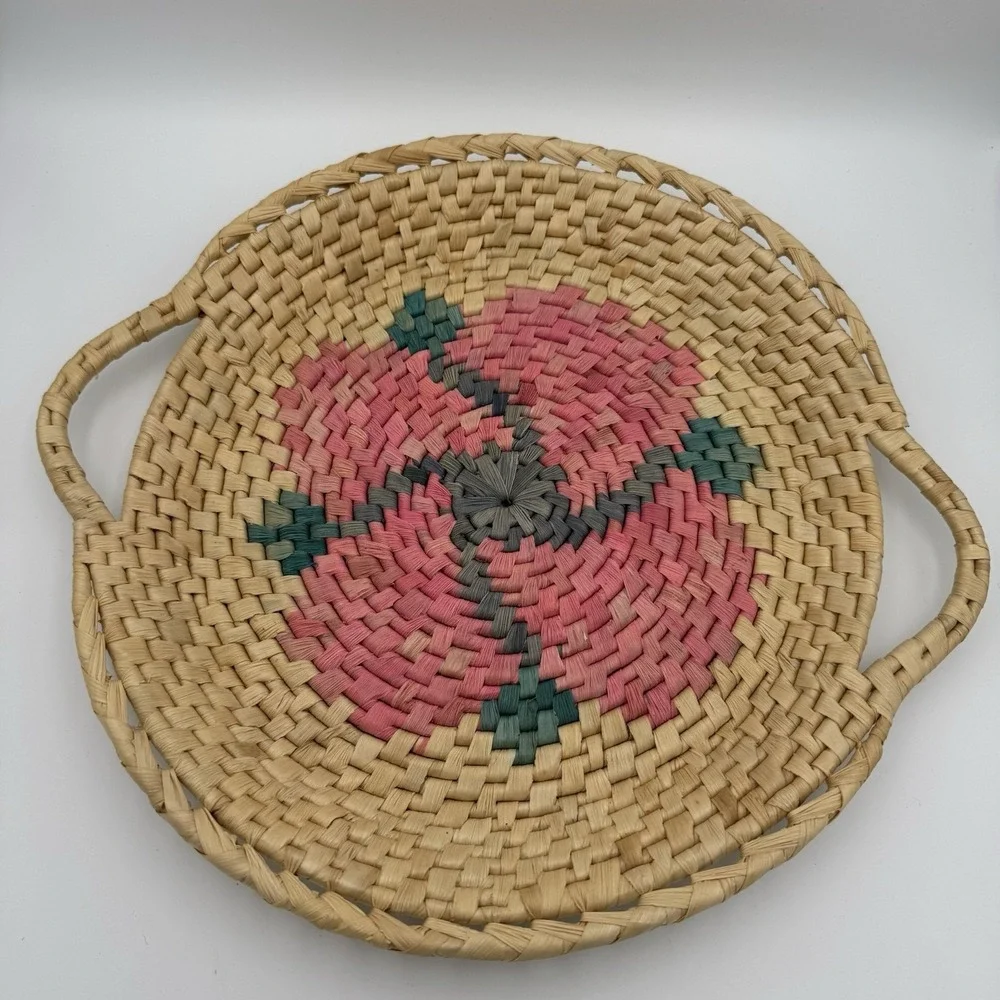 Handwoven Geometric Seagrass Straw Basket Tray w Handles Co Green Pink Flora 13